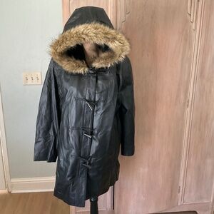 Vintage Women’s Black Leather Fireman‎ Toggle Coat Hood Fleece Lined Hood L